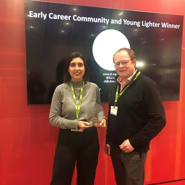 Teresa Aguilar Carrasco, winner of Young Lighter 23, pictured with President Elect SLL, Dan Lister